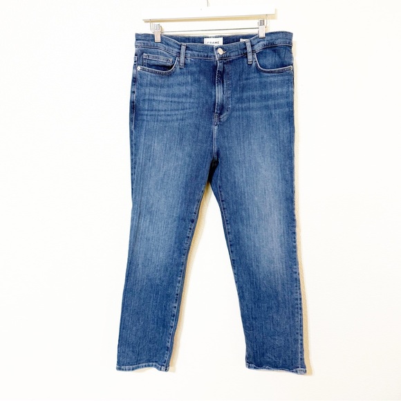 Frame Le High Straight Stretchy Cotton Jeans in Daphne Blue Mid Wash LHST793 32
